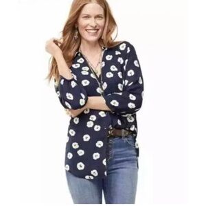 Cabi # 5705 "Go To Button Up" Navy/White Floral Print 3/4 Sleeve Blouse SZ L
